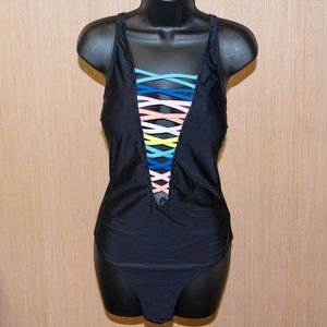 SOFIA'S CHOICE Women One-Piece Swimsuit Deep VNeck Lace Up Lattice Front Rainbow